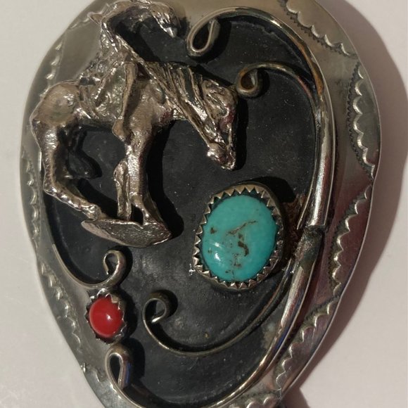 Vintage Metal Bolo Tie, Sterling Silver with Nice Red and Blue Turqoise Stones,